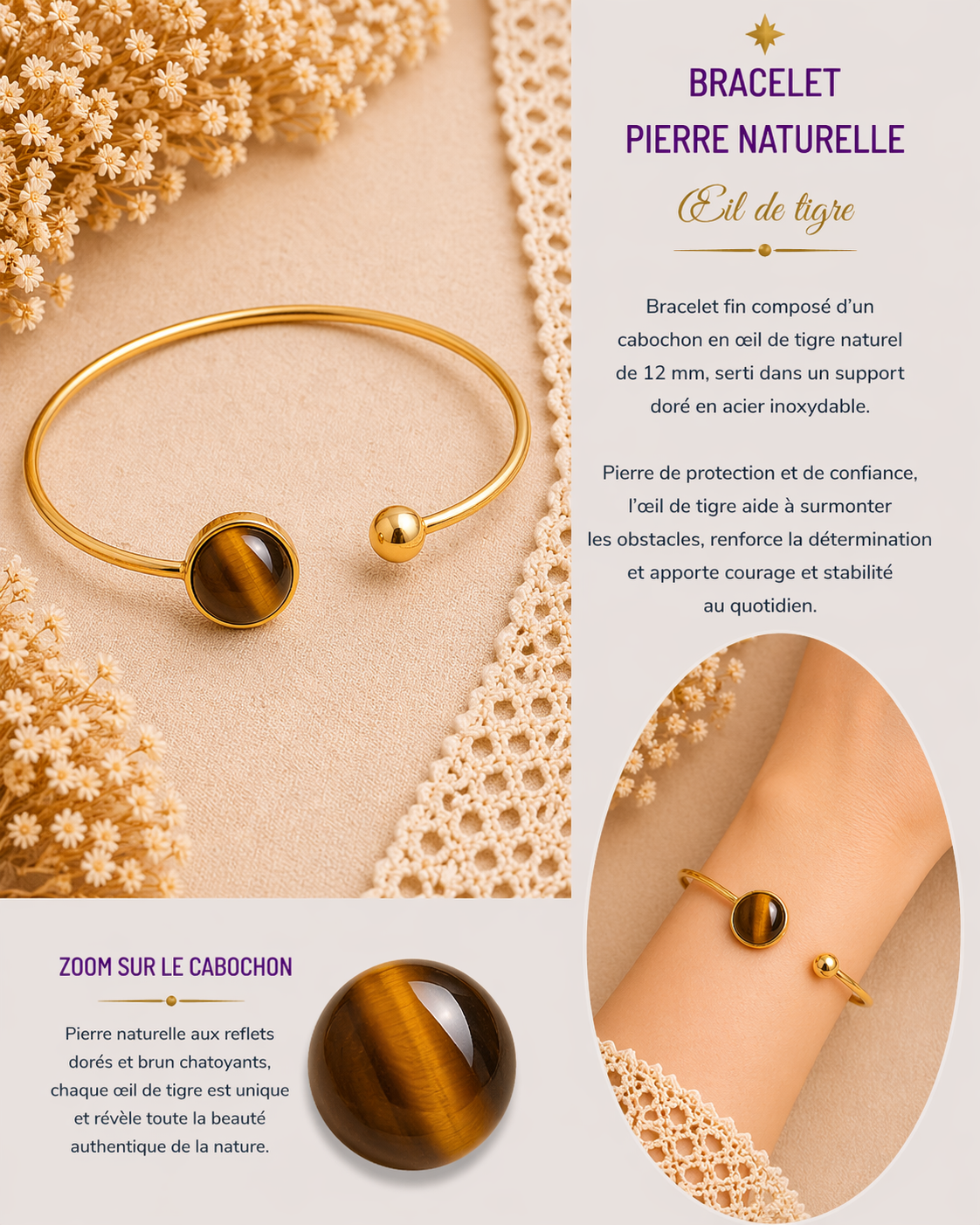 Bracelet œil de tigre pierre naturelle